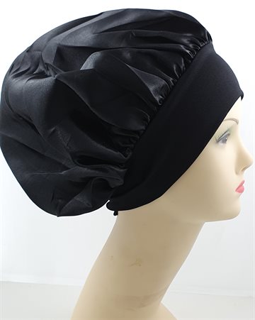 Sleeping Bonnet Cap Large - Wide Band Satin. Black. (UDSOLGT)
